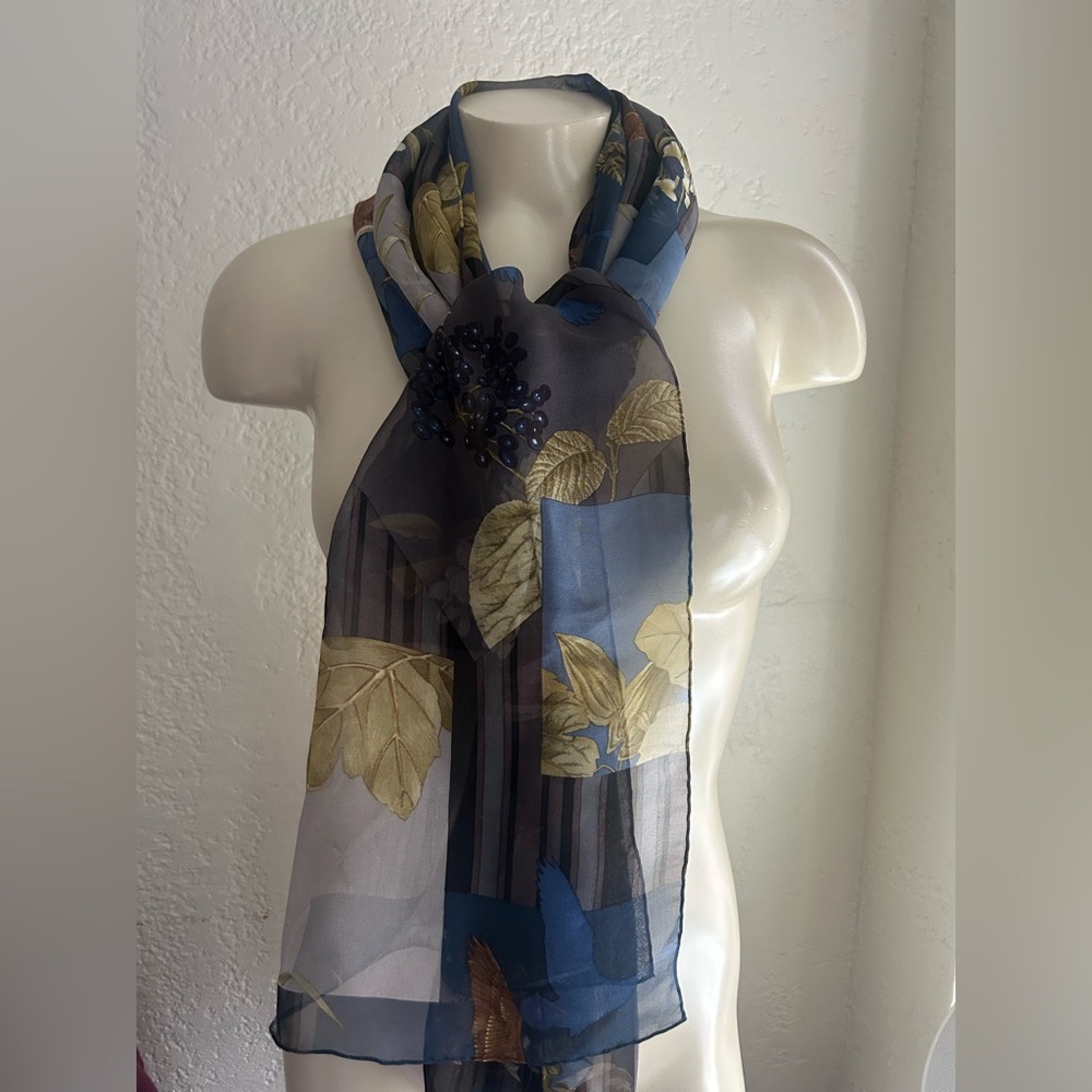 Salvatore Ferragamo 100% Silk long thin Scarf Birds Floral Print Made in Italy